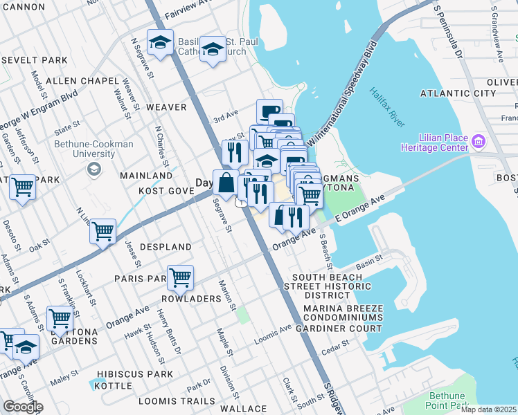 map of restaurants, bars, coffee shops, grocery stores, and more near 220 Magnolia Avenue in Daytona Beach