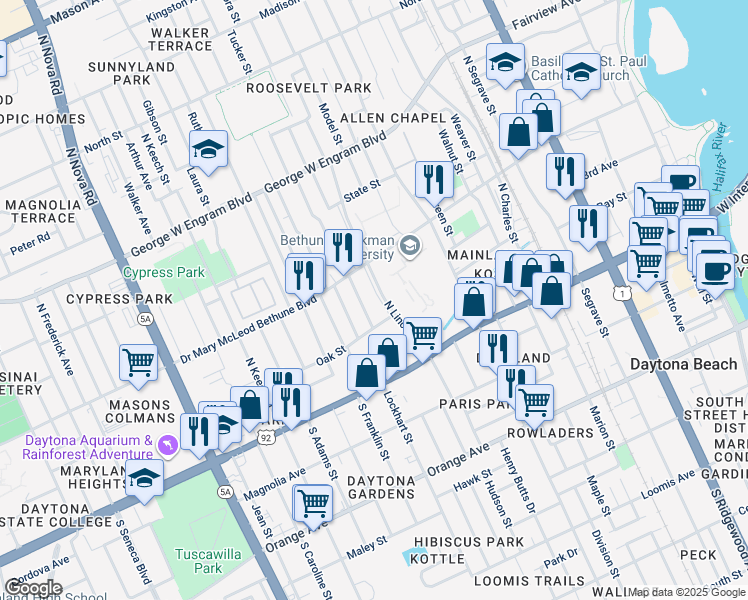 map of restaurants, bars, coffee shops, grocery stores, and more near 220 North Lincoln Street in Daytona Beach