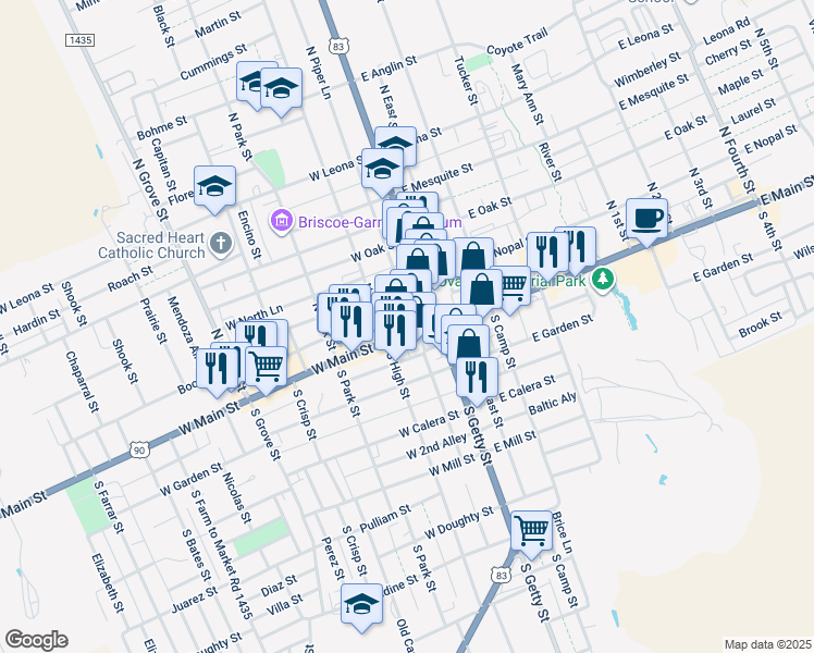 map of restaurants, bars, coffee shops, grocery stores, and more near 105 North West Street in Uvalde