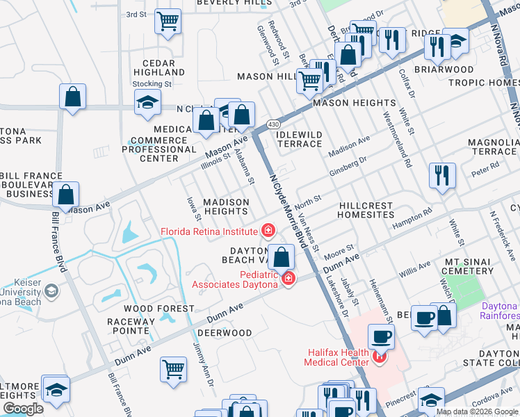 map of restaurants, bars, coffee shops, grocery stores, and more near 712 Alabama Street in Daytona Beach