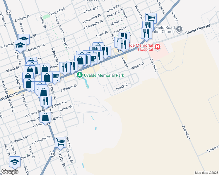 map of restaurants, bars, coffee shops, grocery stores, and more near 233 Riverside Drive in Uvalde