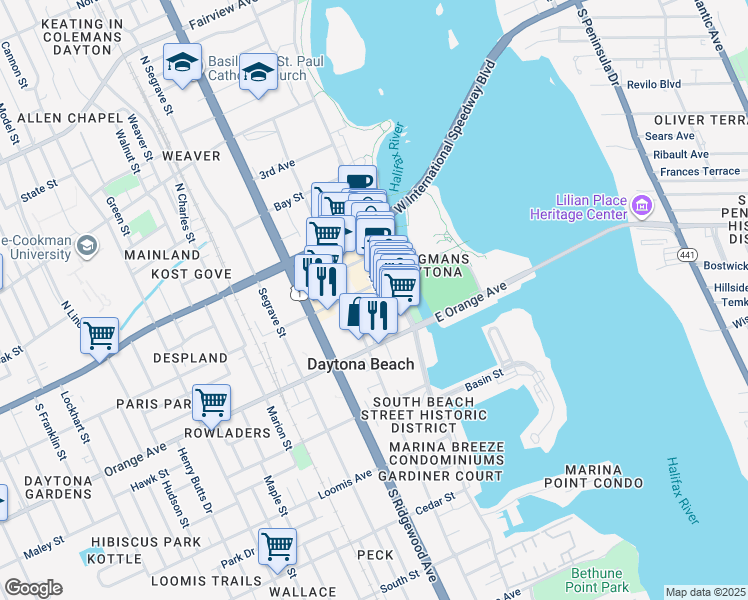 map of restaurants, bars, coffee shops, grocery stores, and more near in Daytona Beach Shores
