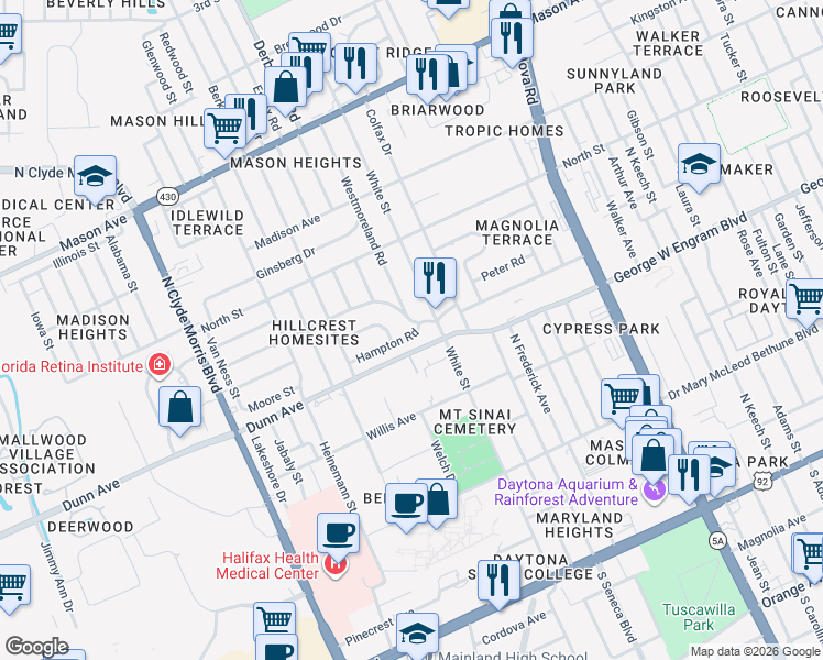 map of restaurants, bars, coffee shops, grocery stores, and more near 1101 Hampton Road in Daytona Beach
