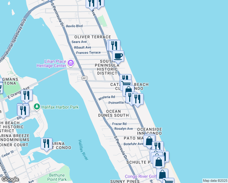 map of restaurants, bars, coffee shops, grocery stores, and more near 511 Temko Terrace in Daytona Beach