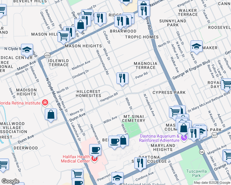 map of restaurants, bars, coffee shops, grocery stores, and more near 1101 Hampton Road in Daytona Beach