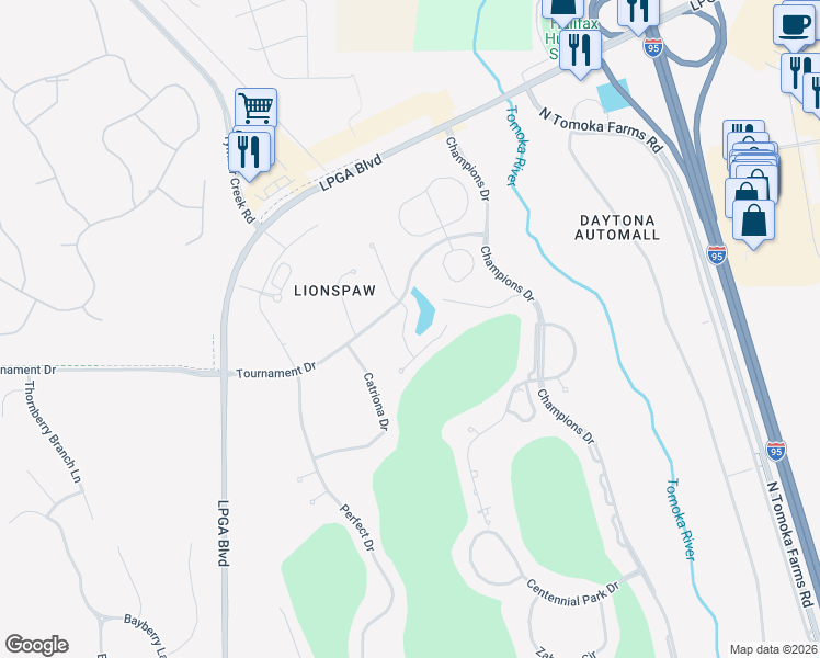 map of restaurants, bars, coffee shops, grocery stores, and more near 121 Hagge Drive in Daytona Beach