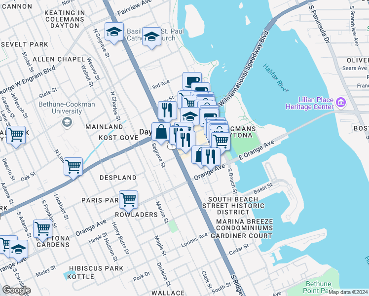map of restaurants, bars, coffee shops, grocery stores, and more near 220 Magnolia Avenue in Daytona Beach