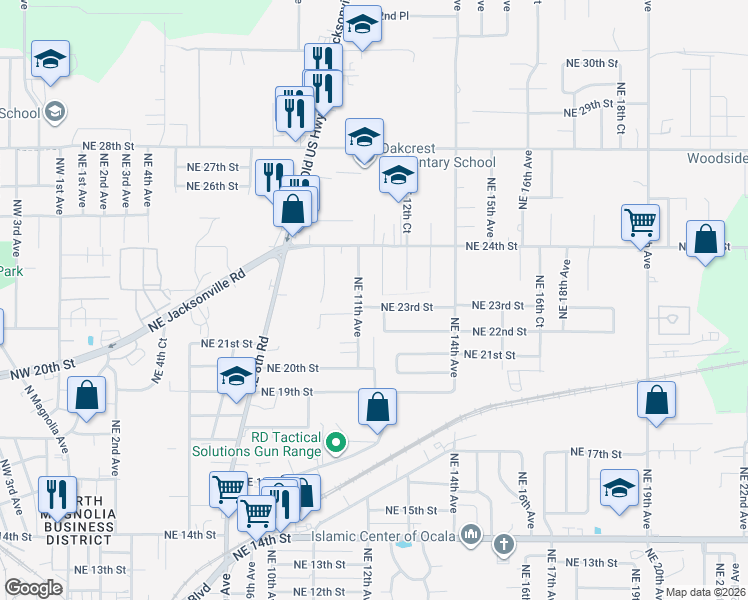 map of restaurants, bars, coffee shops, grocery stores, and more near 1123 Northeast 23rd Street in Ocala