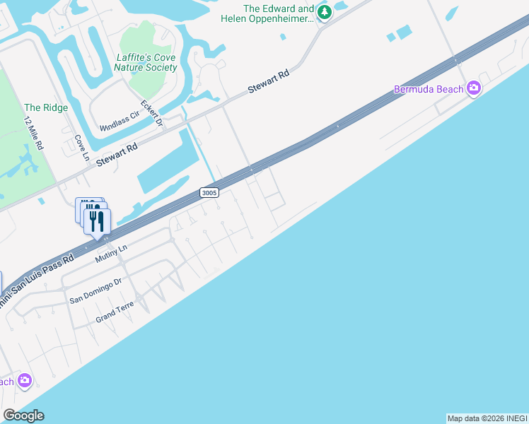 map of restaurants, bars, coffee shops, grocery stores, and more near 4009 11 Mile Road in Galveston