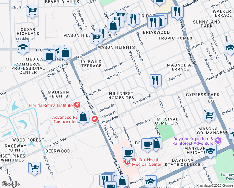 map of restaurants, bars, coffee shops, grocery stores, and more near 556 Fairmount Road in Daytona Beach