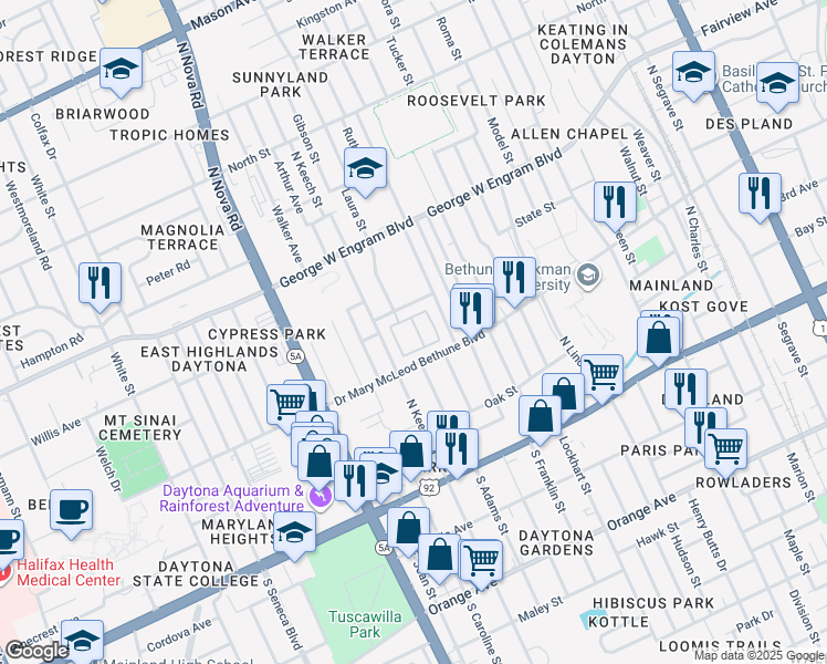 map of restaurants, bars, coffee shops, grocery stores, and more near 125 Rose Marie Byron Drive in Daytona Beach