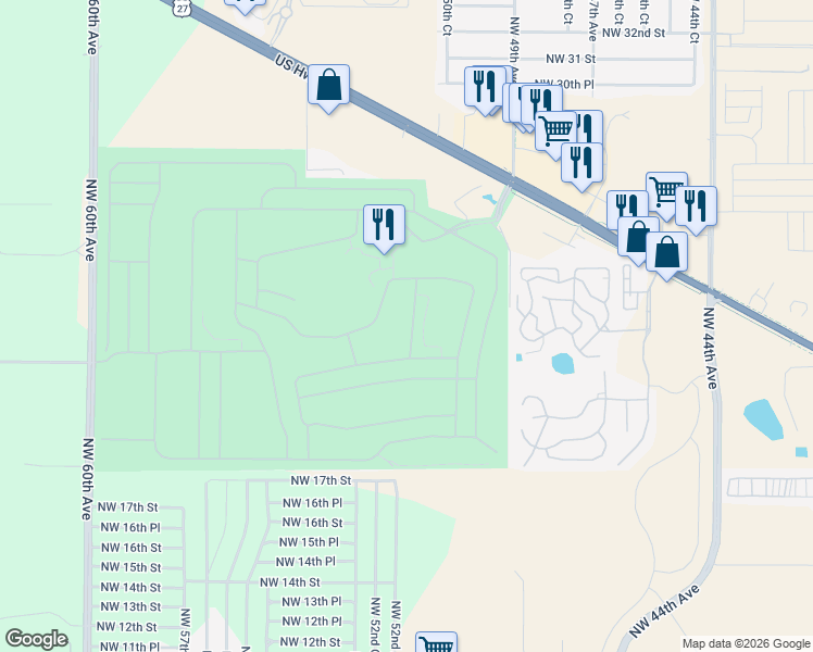 map of restaurants, bars, coffee shops, grocery stores, and more near 2238 Northwest 51st Terrace in Ocala