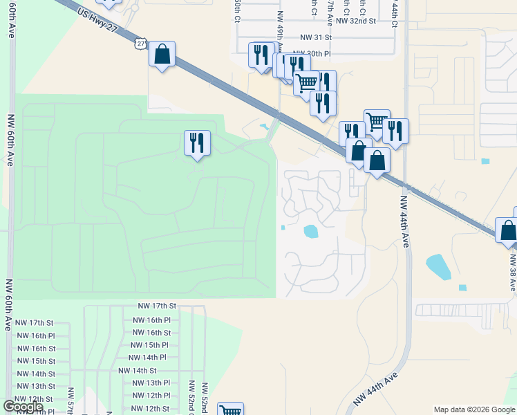 map of restaurants, bars, coffee shops, grocery stores, and more near 2218 Northwest 50th Avenue in Ocala