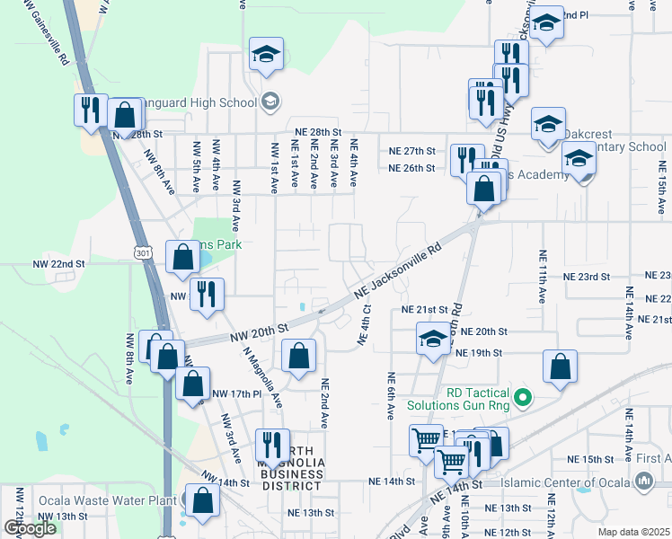 map of restaurants, bars, coffee shops, grocery stores, and more near 1 Parking in Ocala