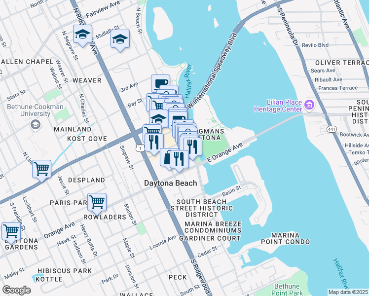 map of restaurants, bars, coffee shops, grocery stores, and more near 226 South Beach Street in Daytona Beach