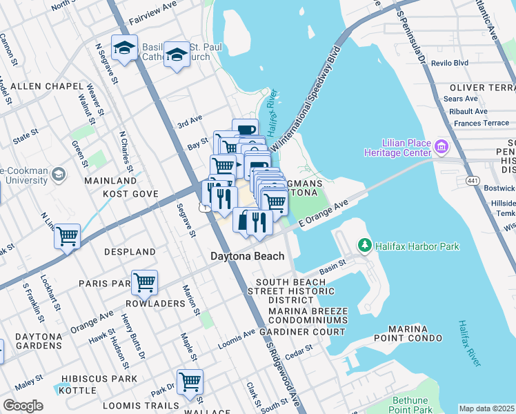 map of restaurants, bars, coffee shops, grocery stores, and more near in Daytona Beach Shores