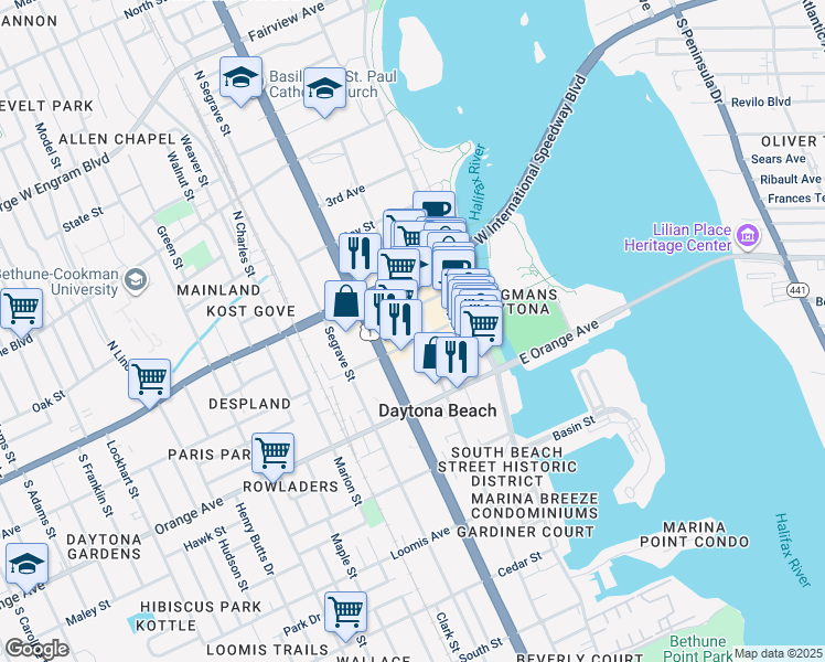 map of restaurants, bars, coffee shops, grocery stores, and more near 214 Magnolia Avenue in Daytona Beach