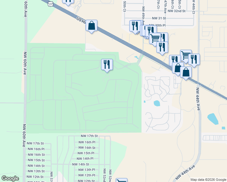 map of restaurants, bars, coffee shops, grocery stores, and more near 2238 Northwest 51st Terrace in Ocala