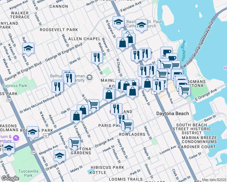 map of restaurants, bars, coffee shops, grocery stores, and more near 126 North Helme Place in Daytona Beach