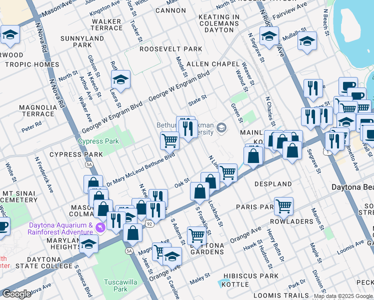 map of restaurants, bars, coffee shops, grocery stores, and more near 232 College Park Drive in Daytona Beach