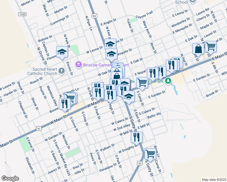 map of restaurants, bars, coffee shops, grocery stores, and more near 105 N West St in Uvalde