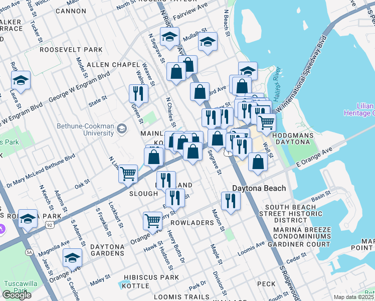 map of restaurants, bars, coffee shops, grocery stores, and more near 501 West International Speedway Boulevard in Daytona Beach
