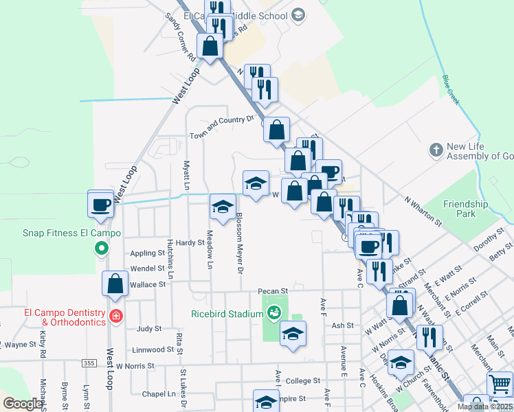 map of restaurants, bars, coffee shops, grocery stores, and more near 501 West Webb Street in El Campo