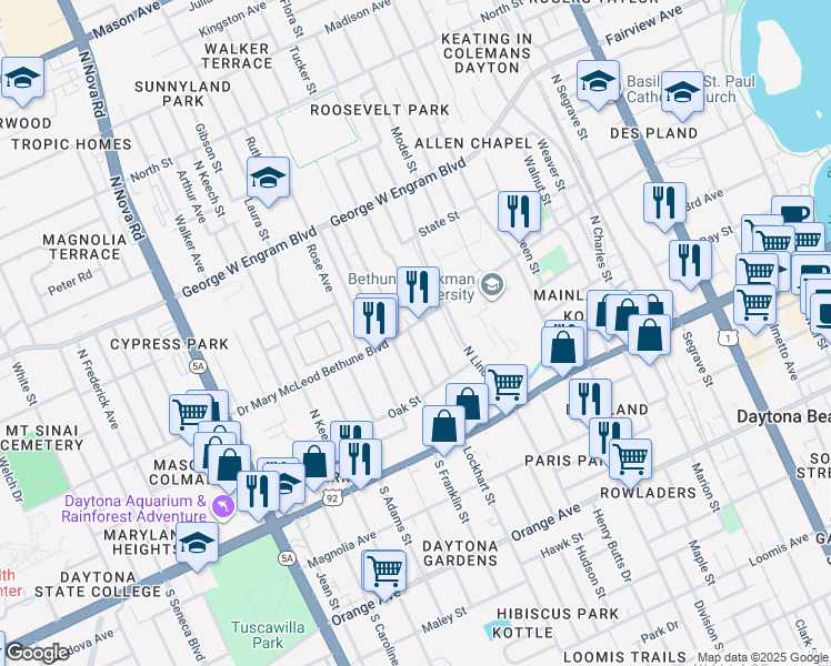 map of restaurants, bars, coffee shops, grocery stores, and more near 232 College Park Drive in Daytona Beach