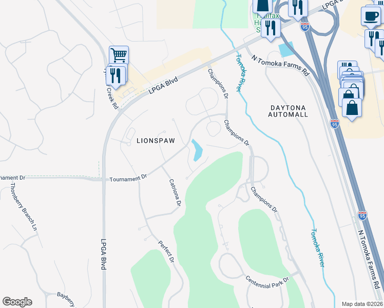 map of restaurants, bars, coffee shops, grocery stores, and more near 121 Hagge Drive in Daytona Beach