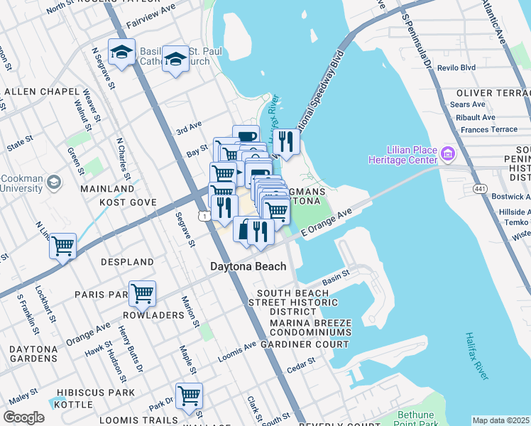 map of restaurants, bars, coffee shops, grocery stores, and more near 226 South Beach Street in Daytona Beach