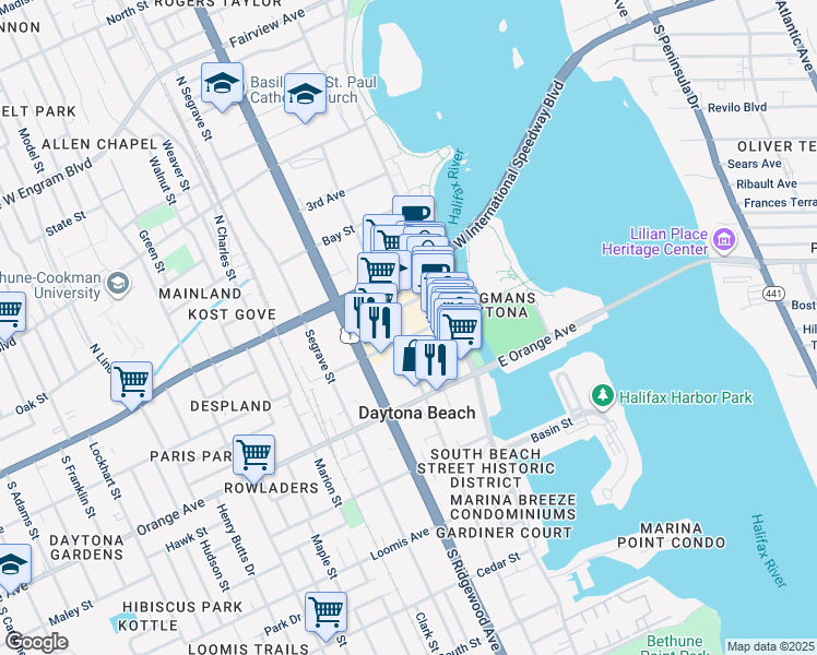 map of restaurants, bars, coffee shops, grocery stores, and more near in Daytona Beach Shores