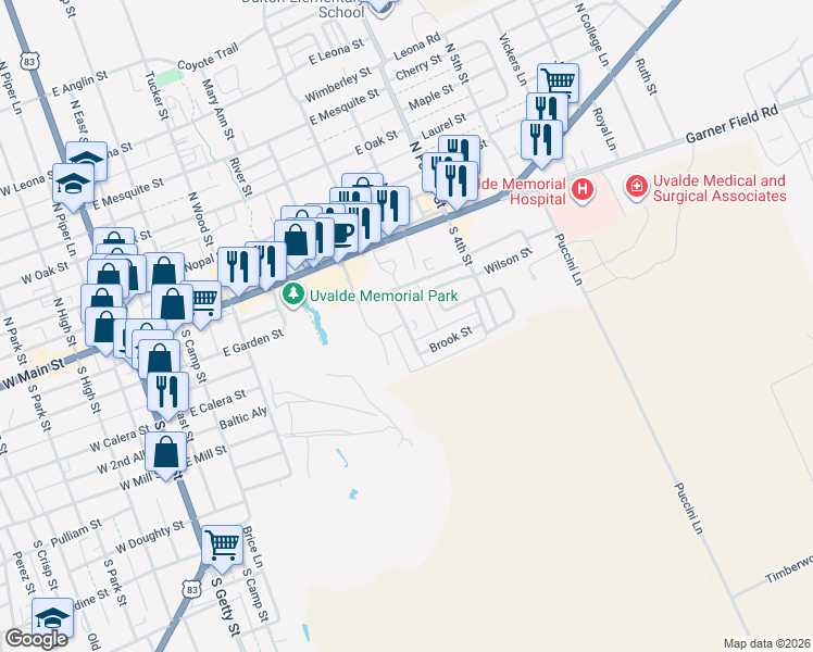 map of restaurants, bars, coffee shops, grocery stores, and more near 233 Riverside Drive in Uvalde