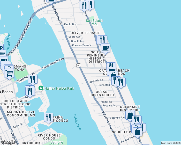 map of restaurants, bars, coffee shops, grocery stores, and more near 329 Temko Terrace in Daytona Beach