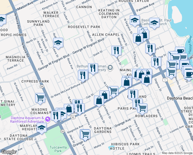 map of restaurants, bars, coffee shops, grocery stores, and more near 220 North Lincoln Street in Daytona Beach