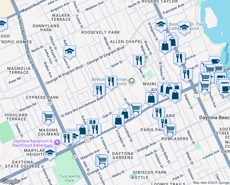 map of restaurants, bars, coffee shops, grocery stores, and more near 220 North Lincoln Street in Daytona Beach