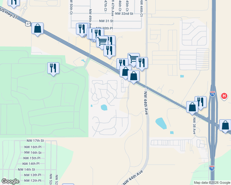map of restaurants, bars, coffee shops, grocery stores, and more near 2128 Northwest 47th Circle in Ocala