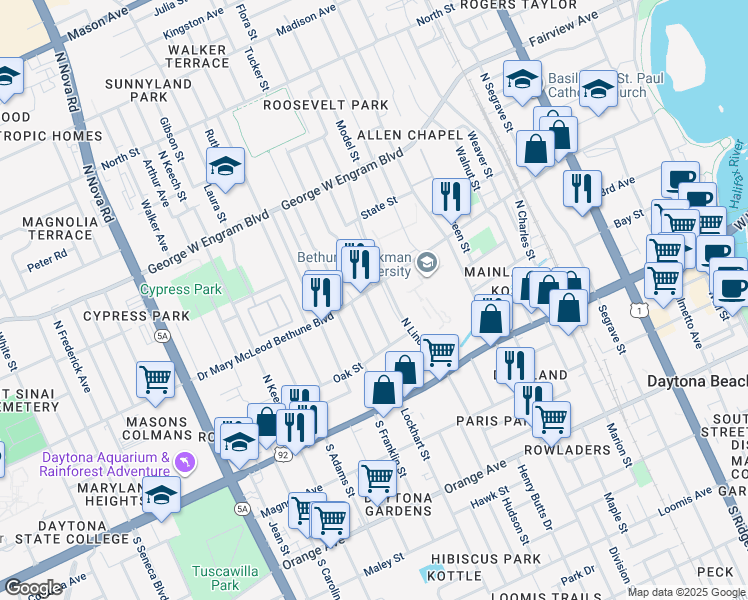 map of restaurants, bars, coffee shops, grocery stores, and more near 220 North Lincoln Street in Daytona Beach