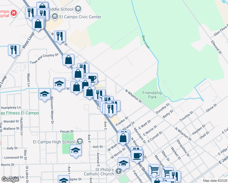 map of restaurants, bars, coffee shops, grocery stores, and more near 1313 Beach Street in El Campo