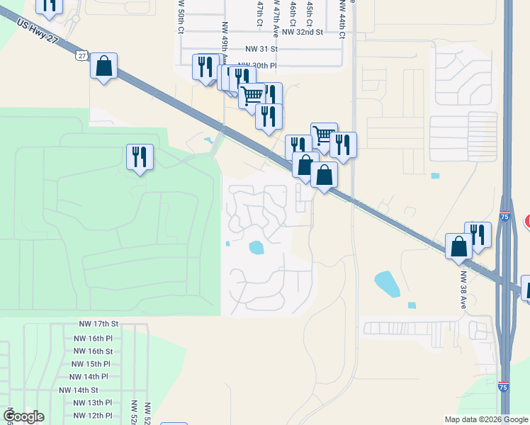 map of restaurants, bars, coffee shops, grocery stores, and more near 2279 Northwest 47th Circle in Ocala