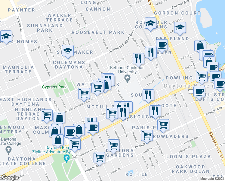 map of restaurants, bars, coffee shops, grocery stores, and more near 220 North Lincoln Street in Daytona Beach