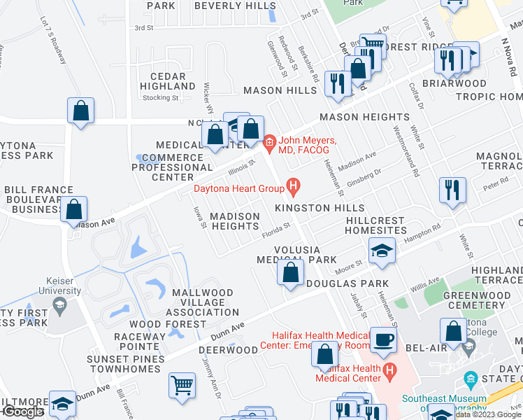 map of restaurants, bars, coffee shops, grocery stores, and more near 712 Alabama Street in Daytona Beach