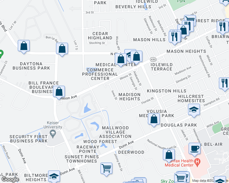 map of restaurants, bars, coffee shops, grocery stores, and more near 773 Iowa Street in Daytona Beach