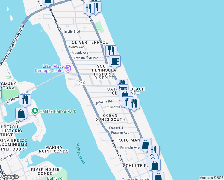 map of restaurants, bars, coffee shops, grocery stores, and more near 1227 Ruger Place in Daytona Beach