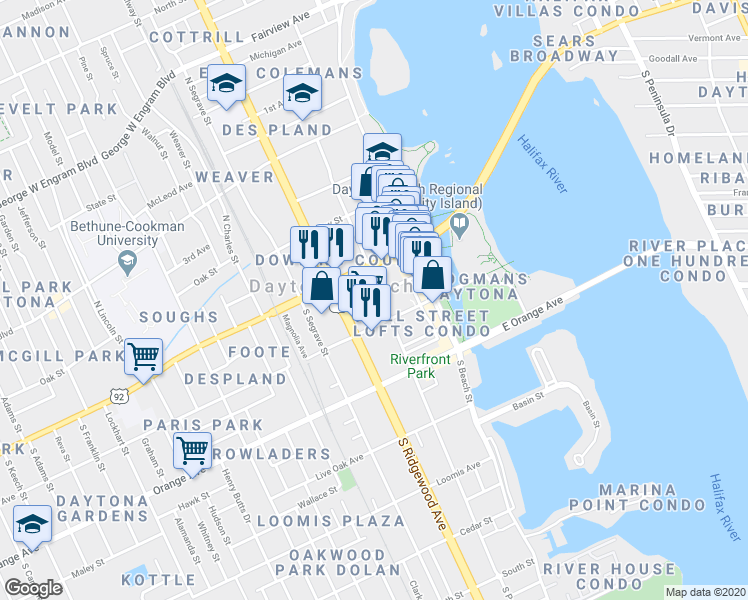 map of restaurants, bars, coffee shops, grocery stores, and more near 116 South Palmetto Avenue in Daytona Beach