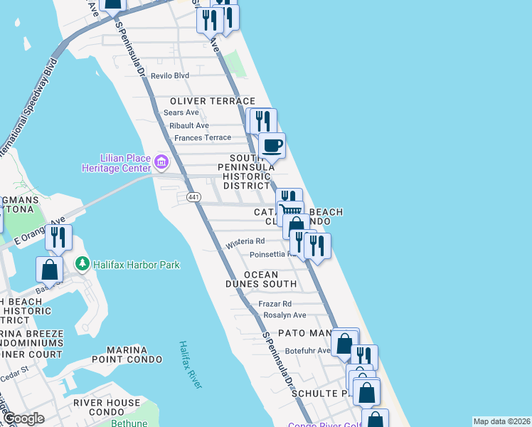 map of restaurants, bars, coffee shops, grocery stores, and more near 1227 Ruger Place in Daytona Beach