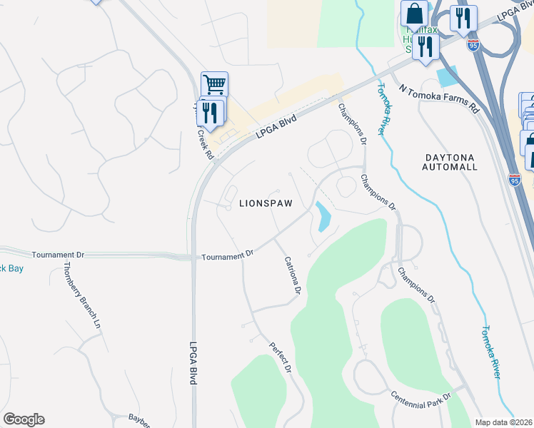 map of restaurants, bars, coffee shops, grocery stores, and more near 160 Mendoza Circle in Daytona Beach