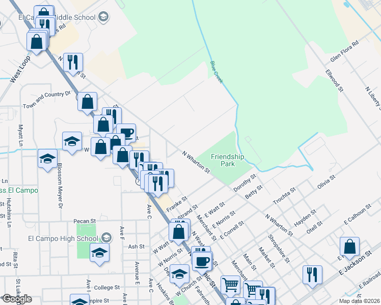 map of restaurants, bars, coffee shops, grocery stores, and more near 412 Earl Street in El Campo