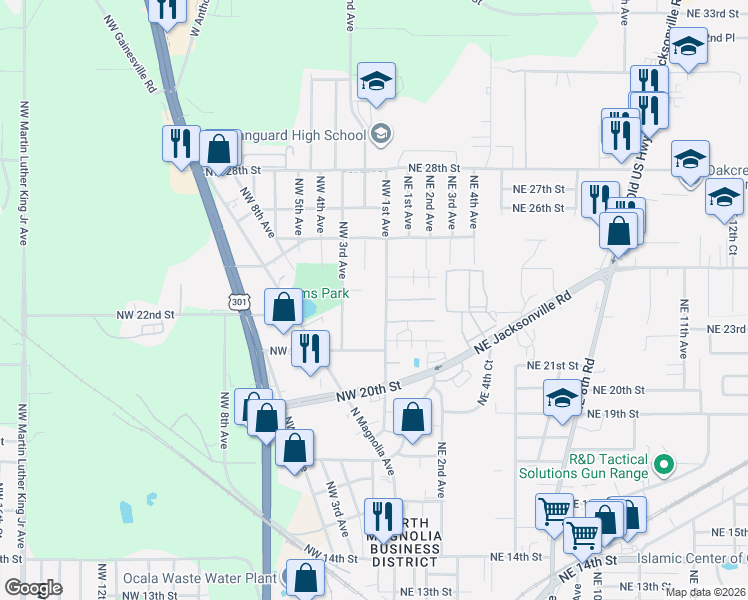 map of restaurants, bars, coffee shops, grocery stores, and more near 2242 Northwest 1st Avenue in Ocala