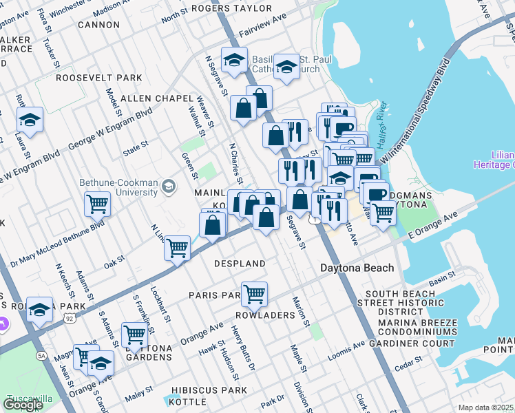map of restaurants, bars, coffee shops, grocery stores, and more near 123 North Charles Street in Daytona Beach