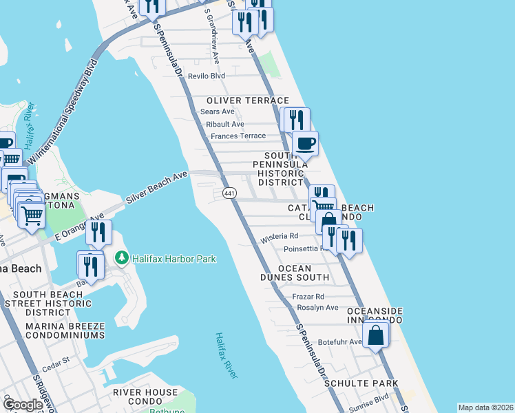 map of restaurants, bars, coffee shops, grocery stores, and more near in Daytona Beach